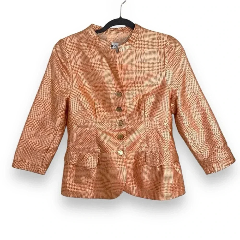 Armani Collezioni Orange Gold Plaid Jacket Size 12 Quiet Luxury Designer